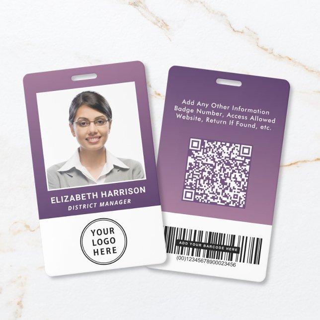Badge Code QR de logo d'entreprise Code-barres Photo d'i (Business Logo QR Code Barcode Purple Photo ID Badge)