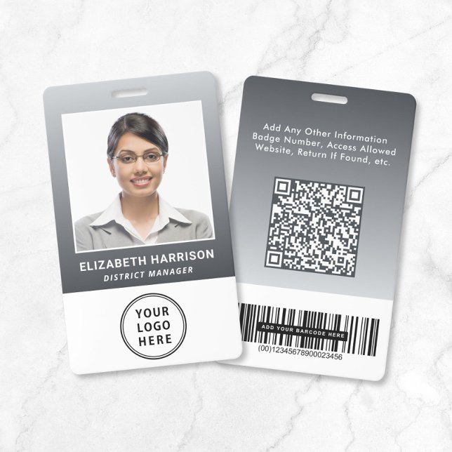 Badge Code QR de logo d'entreprise Code-barres Photo d'i (Business Logo Barcode Gray Employee Photo Photo ID Badge)