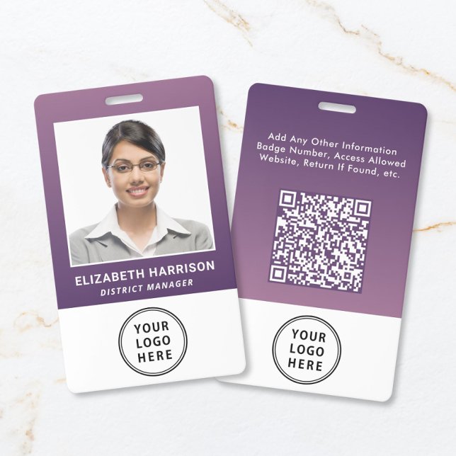 Badge Code QR de logo d'entreprise violet Carte d'identi (Business Logo QR Code Purple Employee Photo ID Badge)
