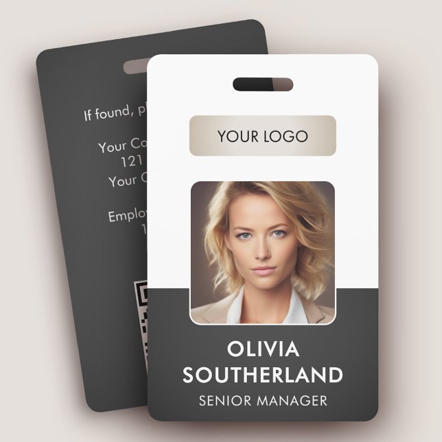 Badge Code QR de photo d'employé Logo d'entreprise gris  (Créateur téléchargé)