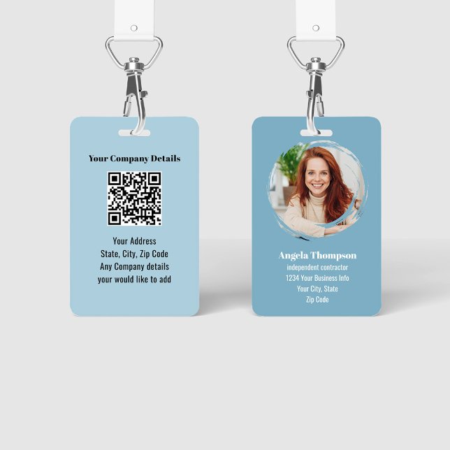 Badge Code QR de photo d'entreprise bleu employé (Blue photo business ID Badge.)