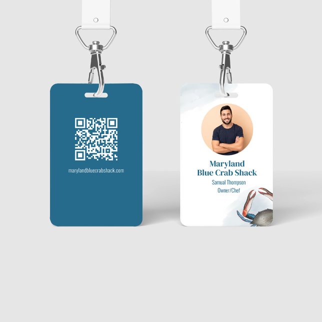 Badge Code QR de photo d'entreprise Restaurant  (Restaurant Seafood Blue Crab with QR Code Template.)