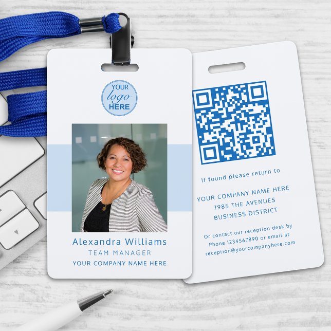 Badge Code QR de sécurité de l'entreprise pour la carte  (Blue ad gray custom business photo id with qr code security badge Modern professional lanyard)
