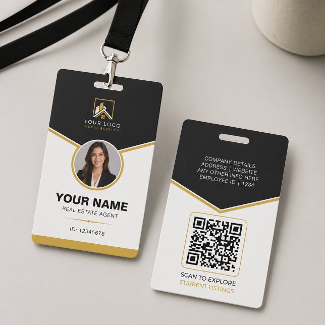 Badge Code QR d'identification de luxe en or noir pour l (Luxury Real Estate ID Badge with QR Code | Realtor Branding)