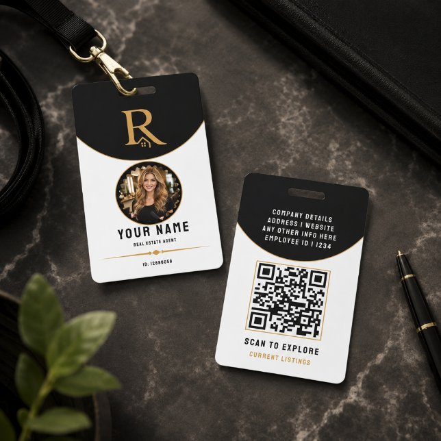 Badge Code QR d'identification de luxe en or noir pour l (Luxury Black Gold Modern Real Estate QR Code ID Badge
)