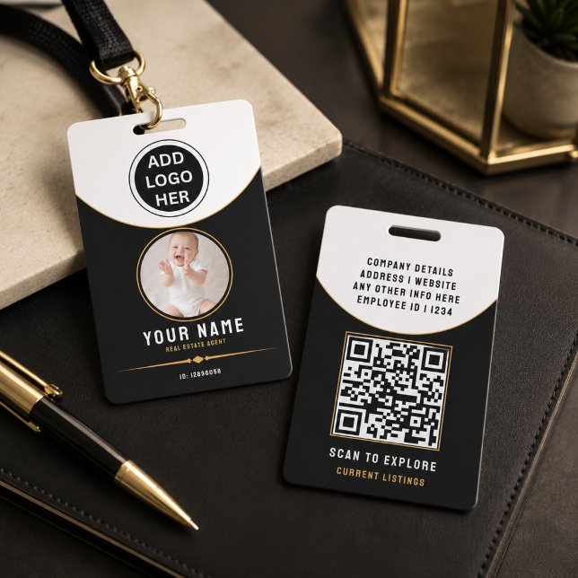 Badge Code QR d'identité de luxe en or noir pour l'immob (Luxury Black Gold Modern Real Estate QR Code ID Badge
)