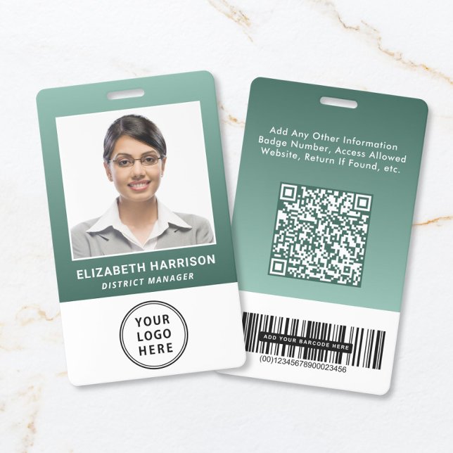 Badge Code QR du logo de l'entreprise Code-barres Photo  (Business Logo QR Code Barcode Green Photo ID Badge)