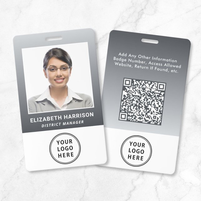 Badge Code QR du logo de l'entreprise Gris Carte d'ident (Business Logo QR Code Gray Employee Photo ID Badge)
