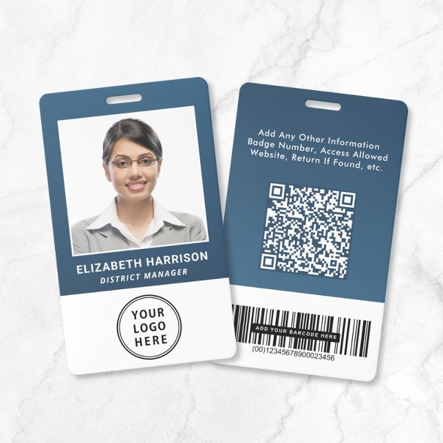 Badge Code QR du logo d'entreprise Carte d'identité phot (Business Logo QR Code Barcode Blue Photo ID Badge)