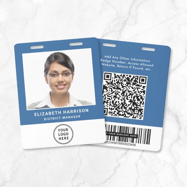 Badge Code QR du logo d'entreprise Carte d'identité phot (Business Logo QR Code Barcode Blue Photo ID Badge)