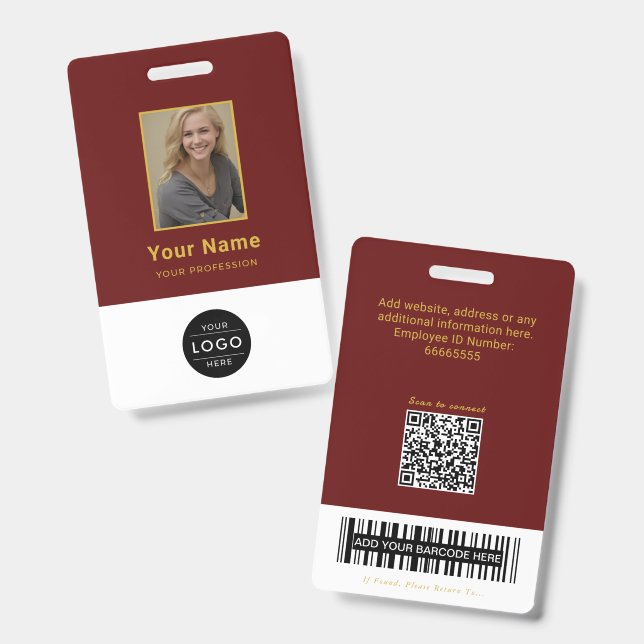Badge Code QR élégant bordeaux Carte d'identité universi (Avant & arrière)