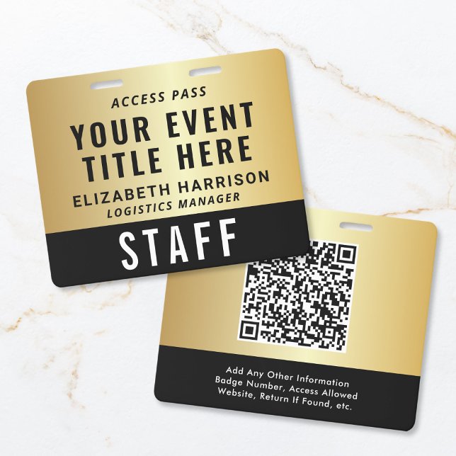 Badge Code QR élégant Passe d'accès à l'événement Noir O (Elegant QR Code Black Gold Event Access Pass ID Badge)
