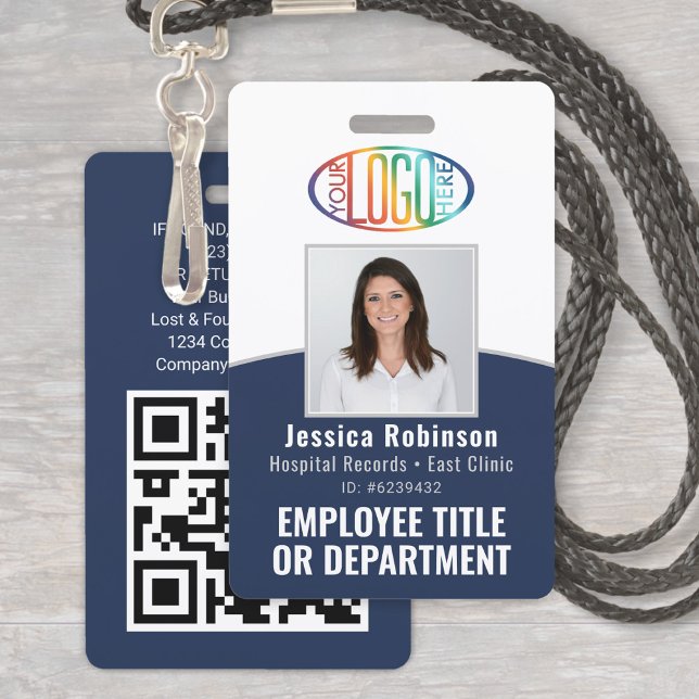 Badge Code QR Logo d'entreprise Photo d'employé Bleu mar (Créateur téléchargé)