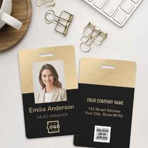 Badge Code QR Logo Photo ID Employé Noir Or Brossé