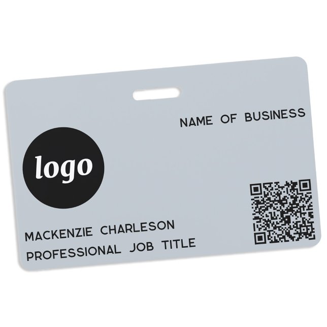 Badge Code QR Logo Professionnel Entreprise Bleu Nom (Simple logo QR code with custom text business promotional branding name tag)