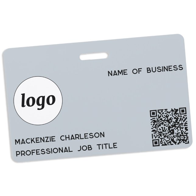 Badge Code QR Logo Professionnel Entreprise Bleu Nom (Simple logo QR code with custom text business promotional branding name tag)