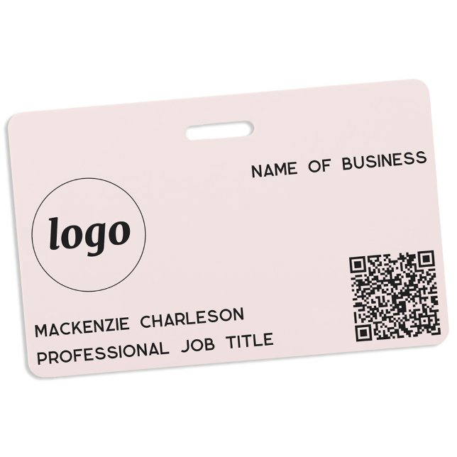 Badge Code QR Logo Professionnel Entreprise Rose Blush N (Simple logo QR code with custom text business promotional branding name tag)