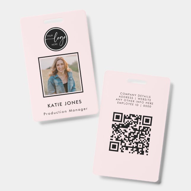 Badge Code QR personnalisé noir et rose Logo de l'entrep (Avant & arrière)