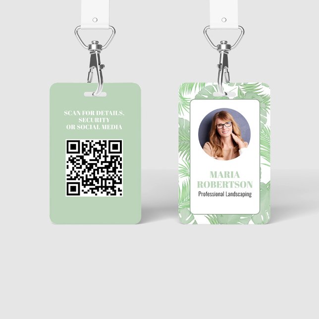Badge Code QR photo d'employé feuilles de palmier (Employee photo business badge with botanical palm leaves. )