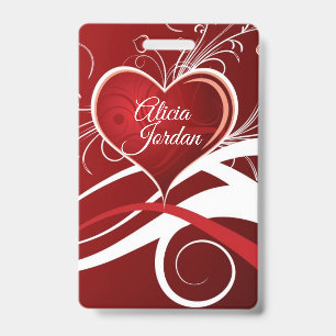 Badge Cœur Rouge Blanc Et Volutes