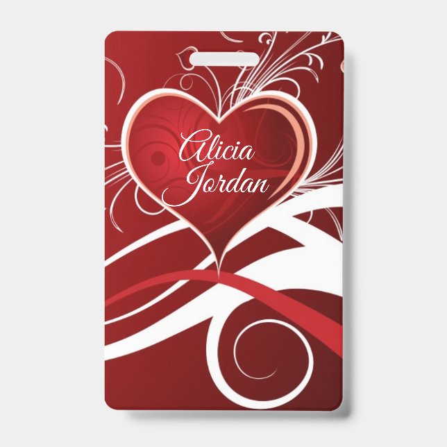 Badge Cœur Rouge Blanc Et Volutes (Avant)