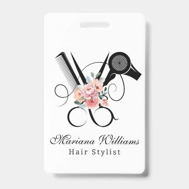 Badge coiffeur barbier floral Ciseaux étiquette de nom (Avant)