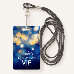 Badge Col VIP Invitation du Bokeh Quinceañera Gold Navy