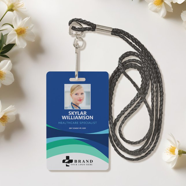 Badge Conception de carte d'identité médicale avec logo  (Colorful Blue Flowing Design Medical ID & Logo Badge)