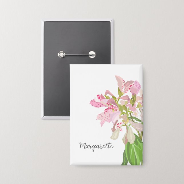 Badge Conception florale d'orchidée rose – Art botanique (Recto/Verso)