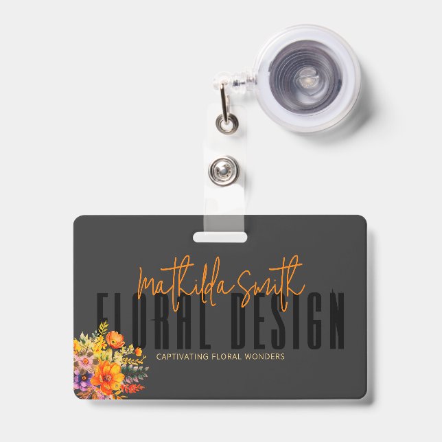 Badge Conception Florale Sophistiquée Fleurs Noir Orange (Avant avec rétractable)