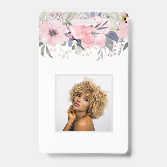 Badge Concevez votre propre papeterie florale rose et fé (Avant)