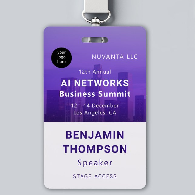 Badge Conference Business Corporate Event Purple Photo (event badge template business corporate networking conference design modern purple photo branding)