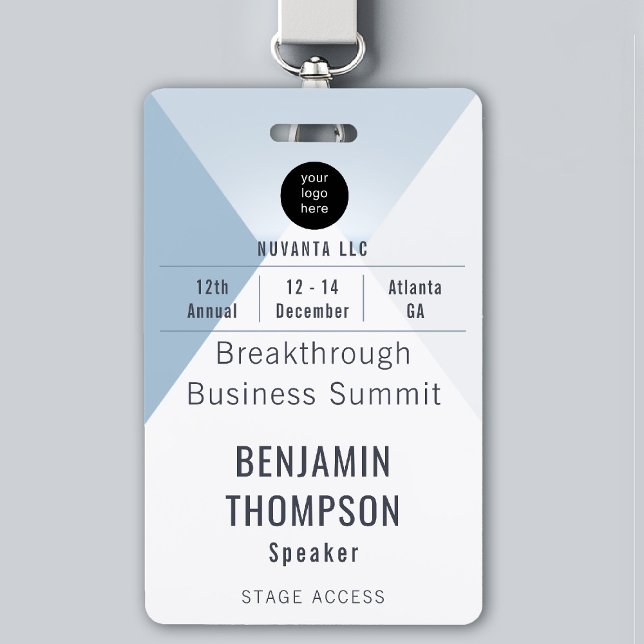 Badge Conference Business Event Blue ID Nom de l'événeme (event badge template business corporate conference geometric design modern professional blue navy)