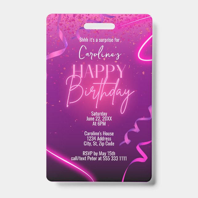 Badge Confetti rose violet Neon Surprise fête d'annivers (Face)