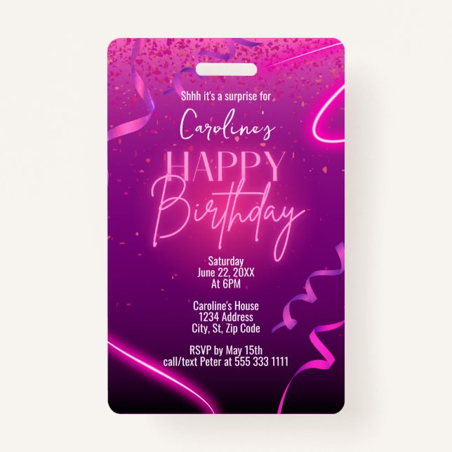 Badge Confetti rose violet Neon Surprise fête d'annivers (Devant)