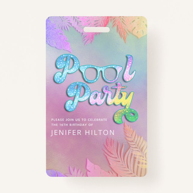 Badge Cool holographique tropical feuille script pool (Devant)
