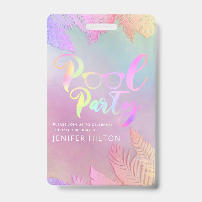 Badge Cool holographique tropical feuille script pool (Face)