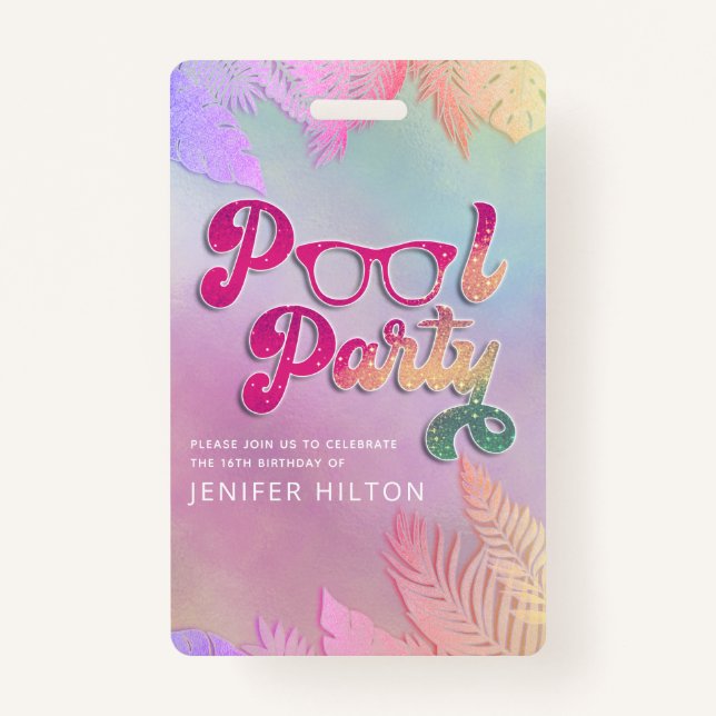 Badge Cool holographique tropical feuille script pool (Devant)