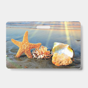 Badge Coquillages marins et étoiles de mer sur la plage