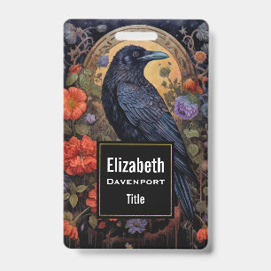 Badge Corbeau noir avec fleurs design gothique