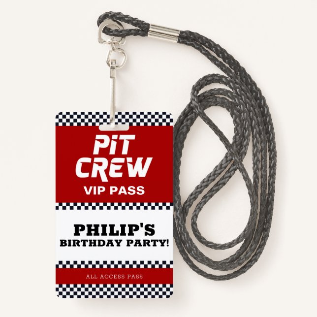 Badge Course Voiture Anniversaire Fête Pit Crew VIP Pass (Devant avec lanière)