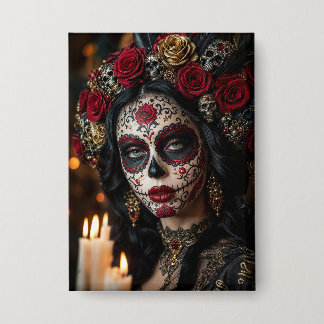 Badge Crimson Rose Calavera – Jour des Morts élégant