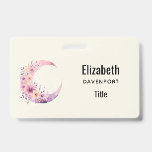 Badge Croissant de lune rose avec de jolies fleurs