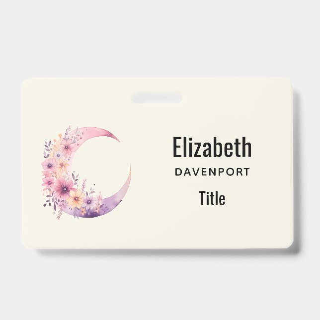 Badge Croissant de lune rose avec de jolies fleurs (Avant)