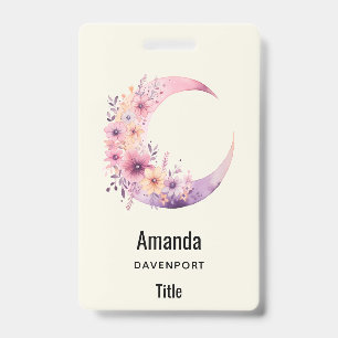Badge Croissant de lune rose avec de jolies fleurs