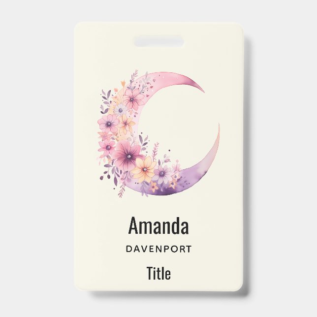 Badge Croissant de lune rose avec de jolies fleurs (Avant)