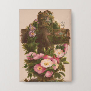 Badge Croix rustique antique, roses sauvages, carte de P