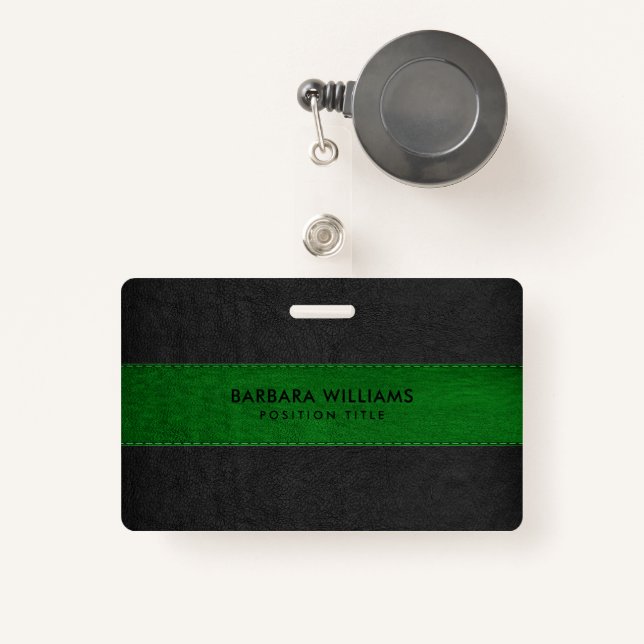Badge Cuir noir et vert Faux (Front with Retractable)
