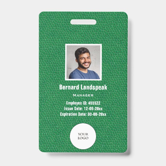 Badge Cuir Vert & Photo de l'employé & Logo, Code-barres (Avant)