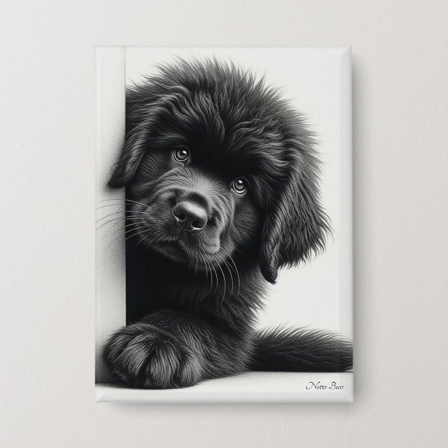 Badge Curieux chiot Terre-Neuve noir qui regarde (Recto)